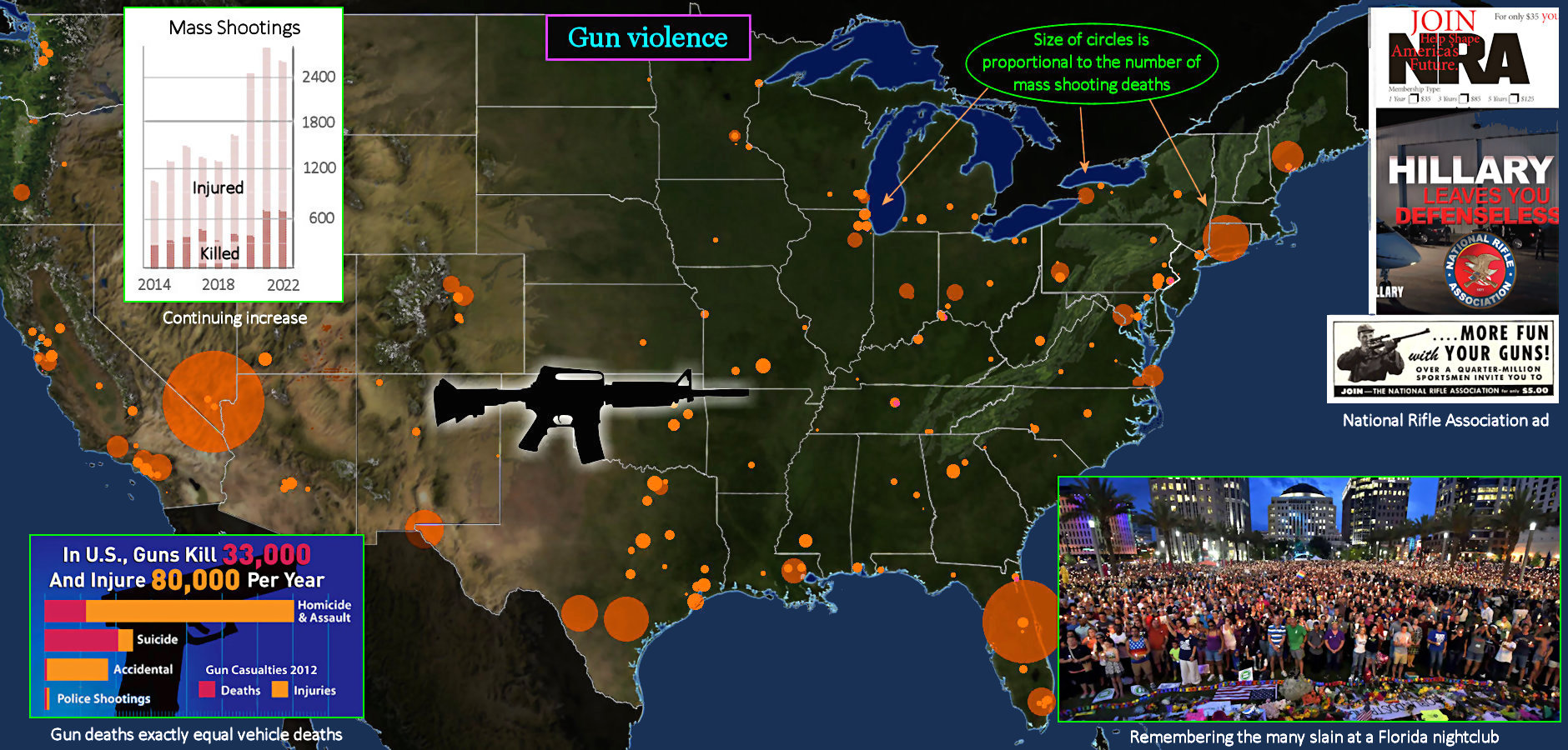 Gun violence, mass shootings, 2010s map